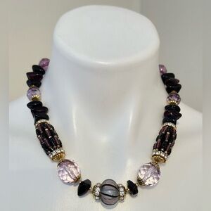 Vintage Art Deco Czech Art Purples Glass Rhinestone Bead Gold Necklace.